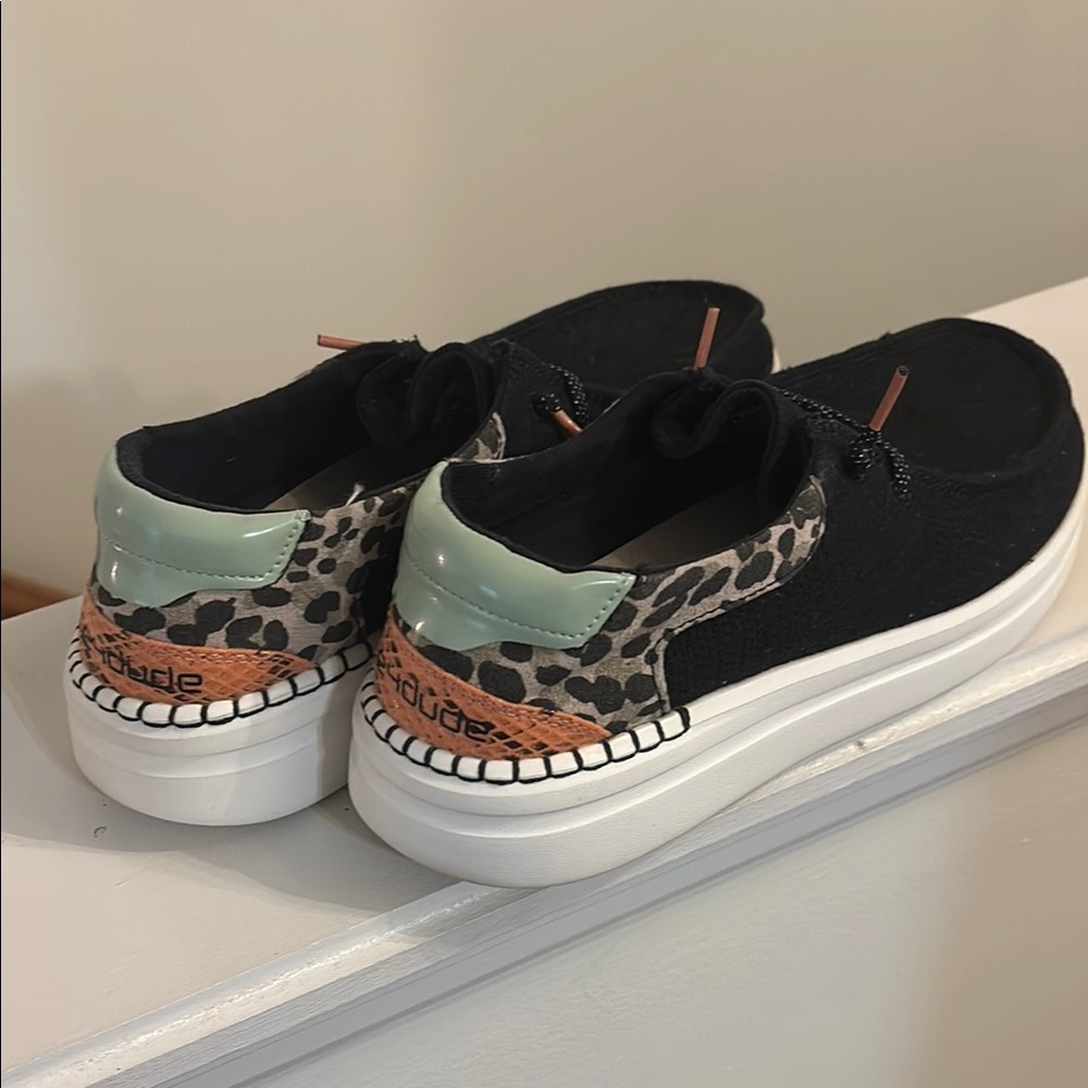 Hey Dude Black and Leopard Slip-On Shoes